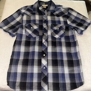Roebuck & Co Pearl Snap Shirt Short Sleeve Western Blue Plaid Small
